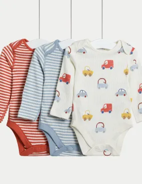3pk Pure Cotton Striped & Car Bodysuits