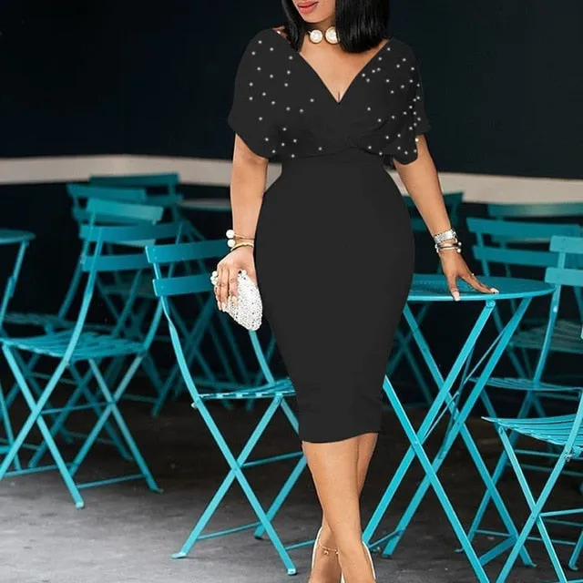 3xl Plus Size Beading Summer Bodycon Dress 2020 African Women Pink Vestiods Elegant Office Ladies Midi High Waist Dress Party
