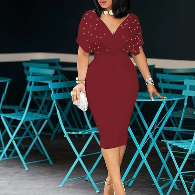 3xl Plus Size Beading Summer Bodycon Dress 2020 African Women Pink Vestiods Elegant Office Ladies Midi High Waist Dress Party