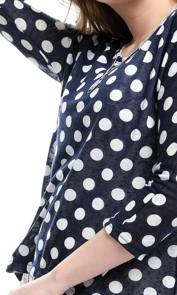 54017 Polka Dots High Low Casual Navy Blue Blouse