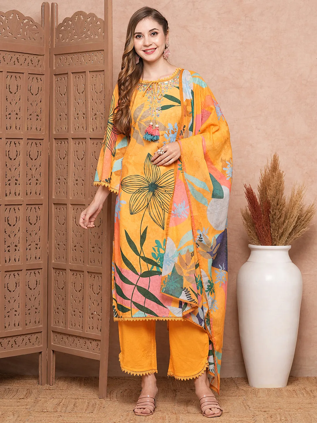 Abstract Floral Printed & Embroidered Kurta with Pant & Dupatta - Yellow
