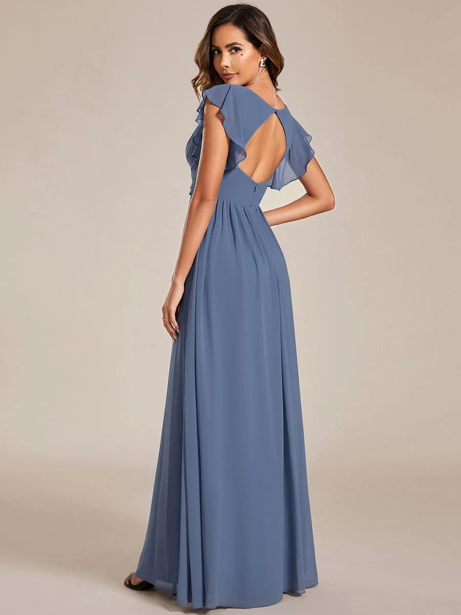 Back Cutout A-Line Pleated Ruffles Sleeve Chiffon Bridesmaid Dress