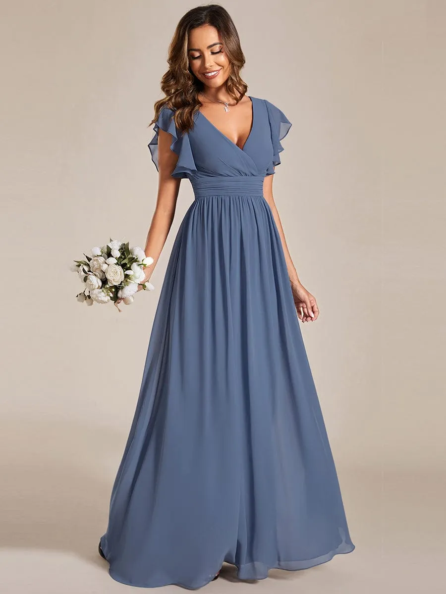 Back Cutout A-Line Pleated Ruffles Sleeve Chiffon Bridesmaid Dress