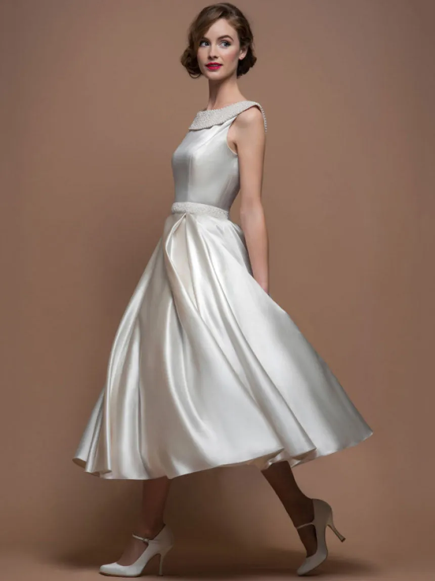 Bateau Sleeveless Satin Tea-length A-line Dress With jewels-MK_705290