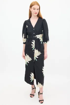 Black & Multicolour Silk & Cotton Floral Paz Dress