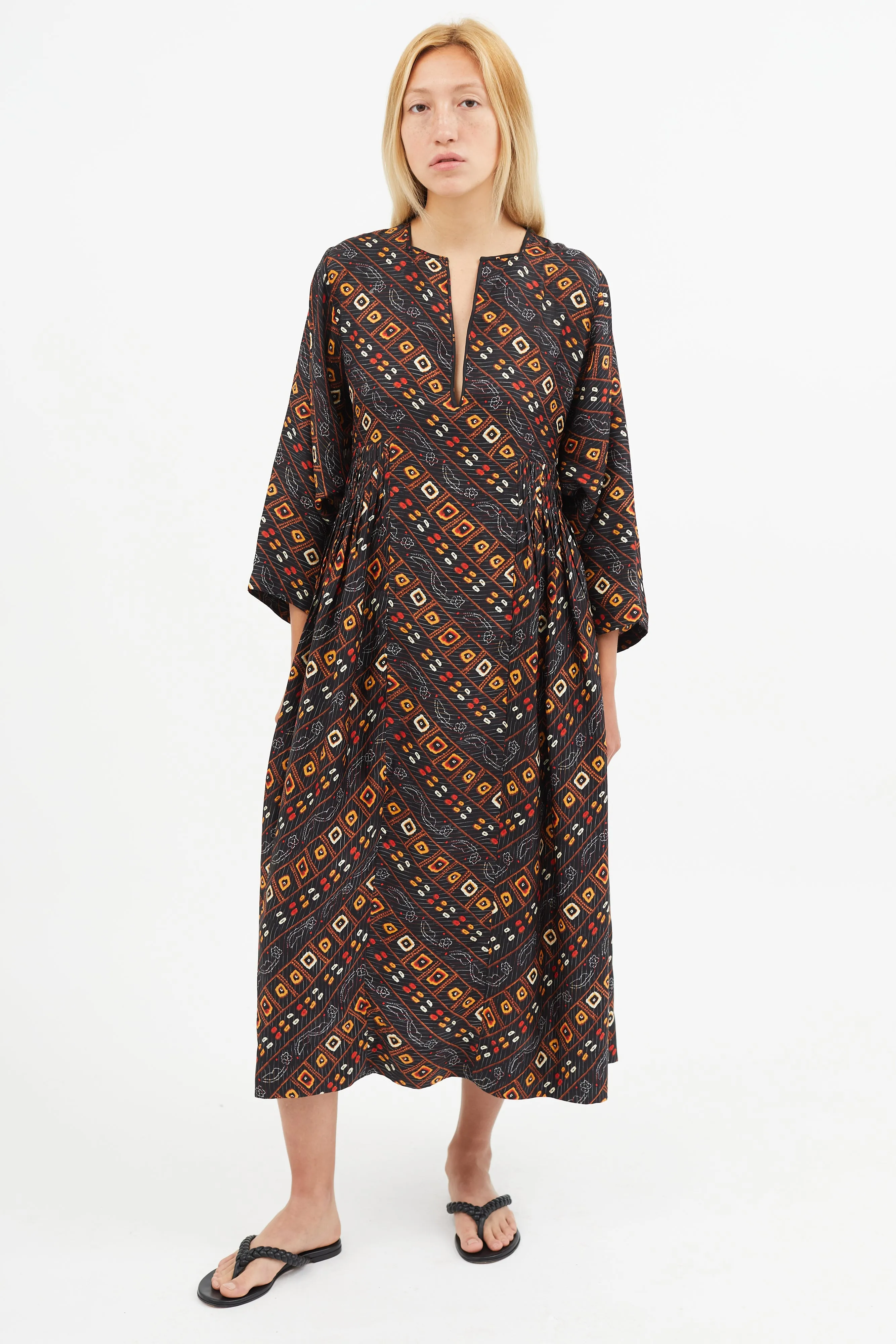 Black & Orange Silk Print Dress