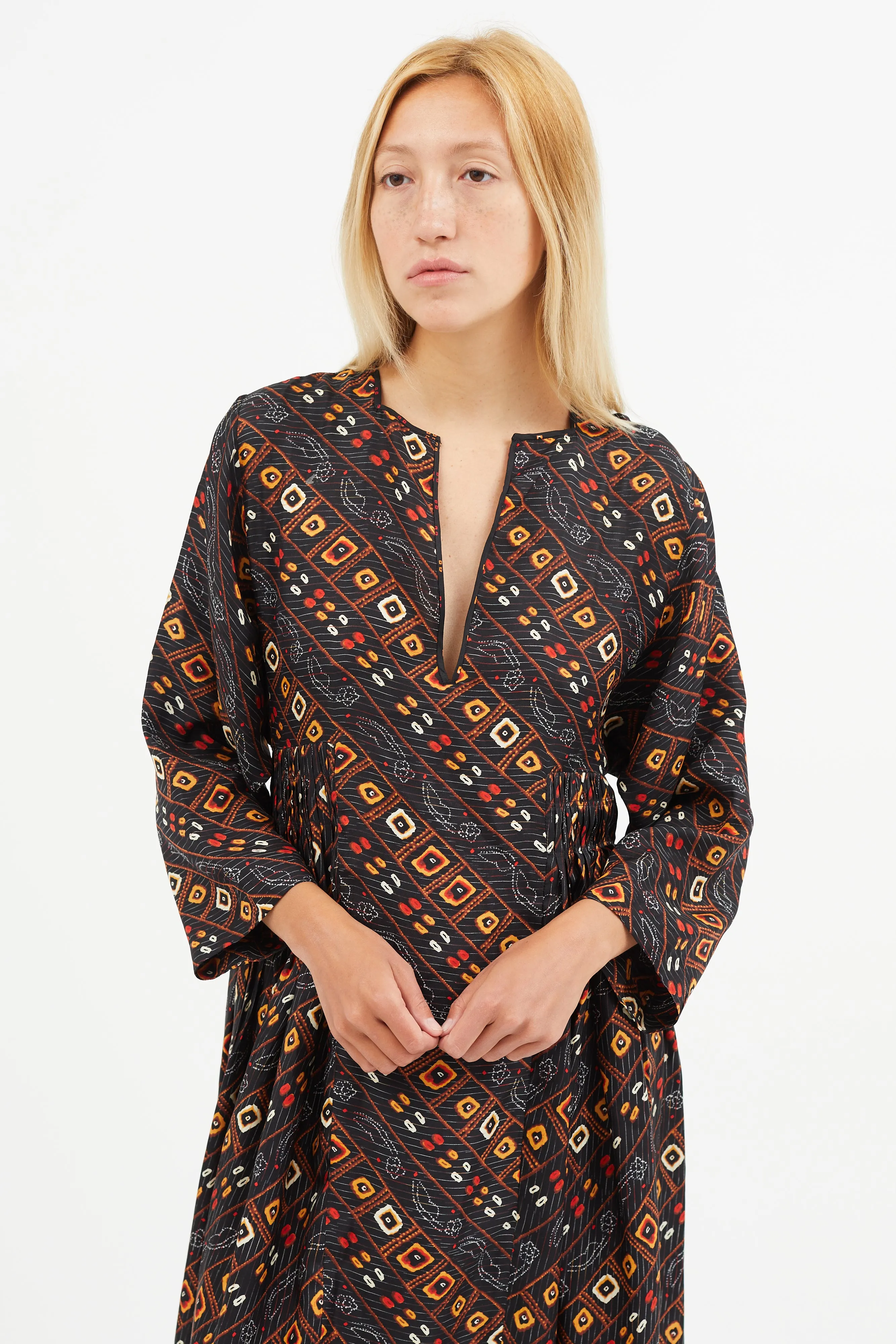 Black & Orange Silk Print Dress