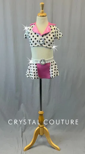 Black & White Polka Dot Collared Top with Half Skirt - Rhinestones