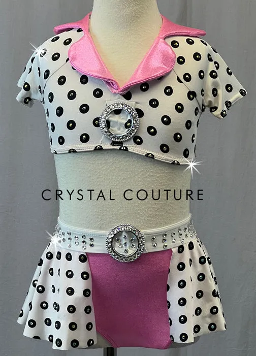 Black & White Polka Dot Collared Top with Half Skirt - Rhinestones