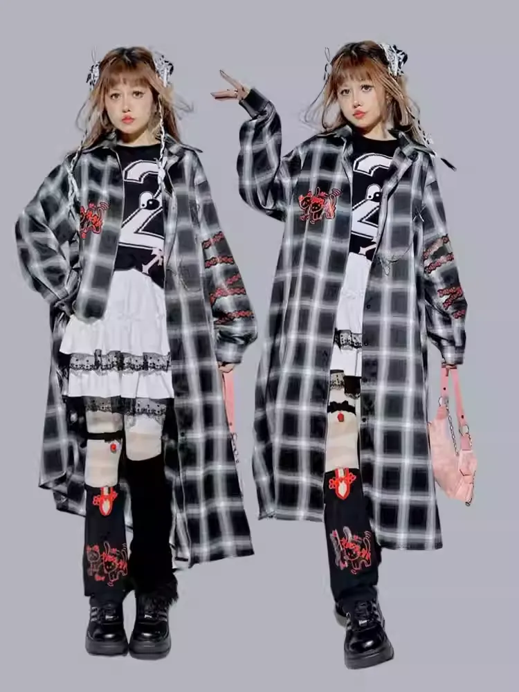 Black&Gray Plaid Pattern Kitty and Panda Pin Chain Shirt White Brain Knitted Long Cardigan