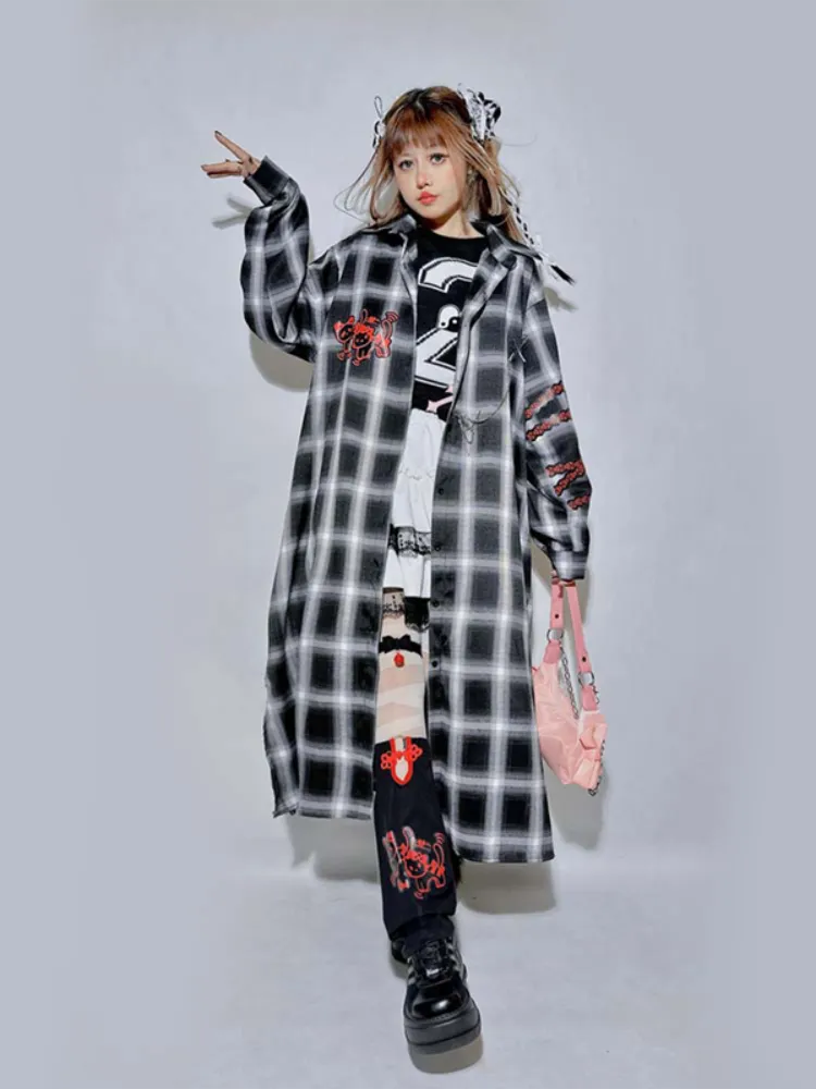 Black&Gray Plaid Pattern Kitty and Panda Pin Chain Shirt White Brain Knitted Long Cardigan