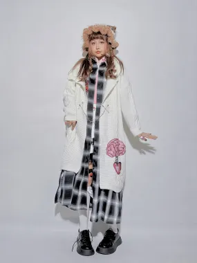 Black&Gray Plaid Pattern Kitty and Panda Pin Chain Shirt White Brain Knitted Long Cardigan