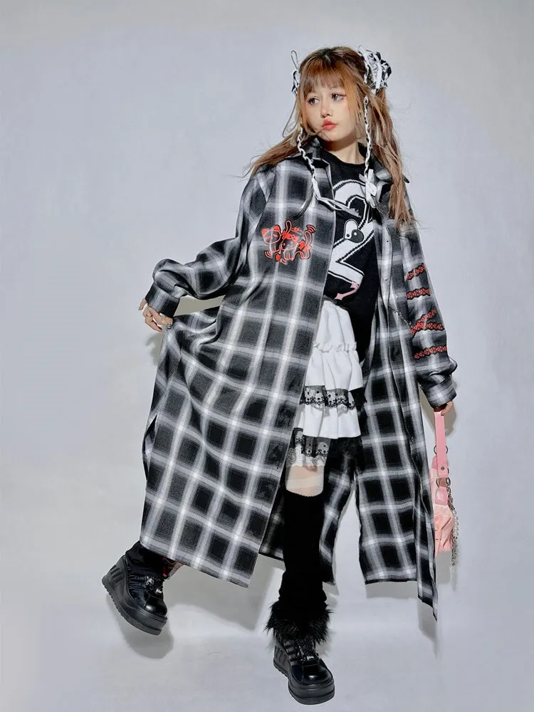 Black&Gray Plaid Pattern Kitty and Panda Pin Chain Shirt White Brain Knitted Long Cardigan