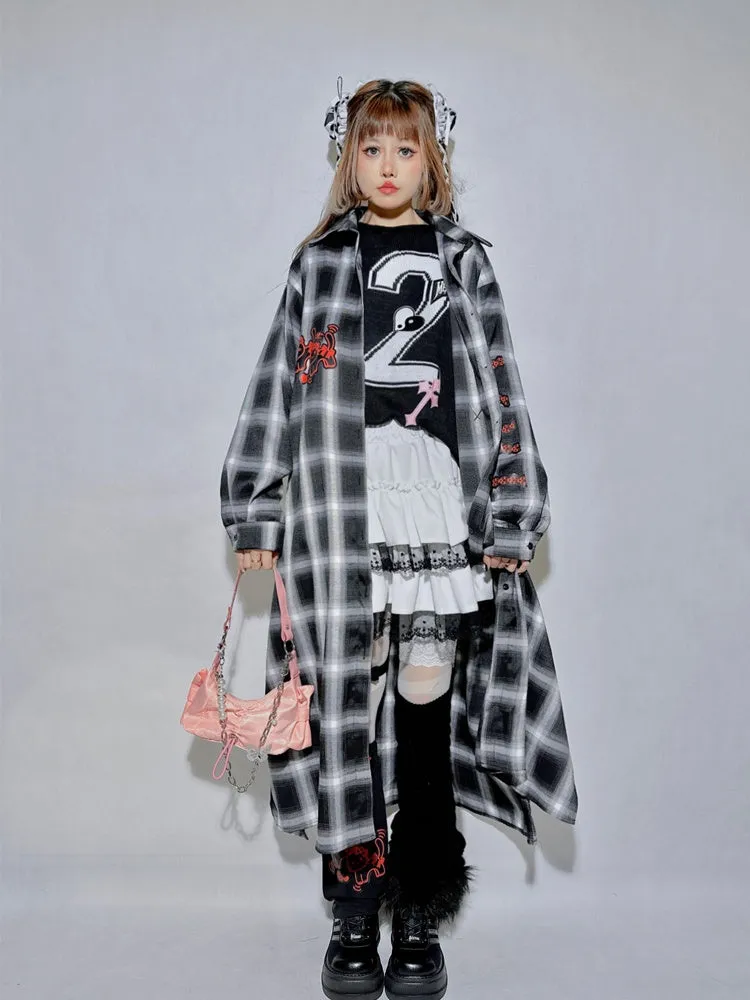 Black&Gray Plaid Pattern Kitty and Panda Pin Chain Shirt White Brain Knitted Long Cardigan