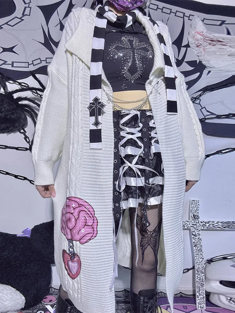 Black&Gray Plaid Pattern Kitty and Panda Pin Chain Shirt White Brain Knitted Long Cardigan