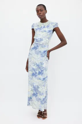 Blue & Green Silk Printed Belted Dress