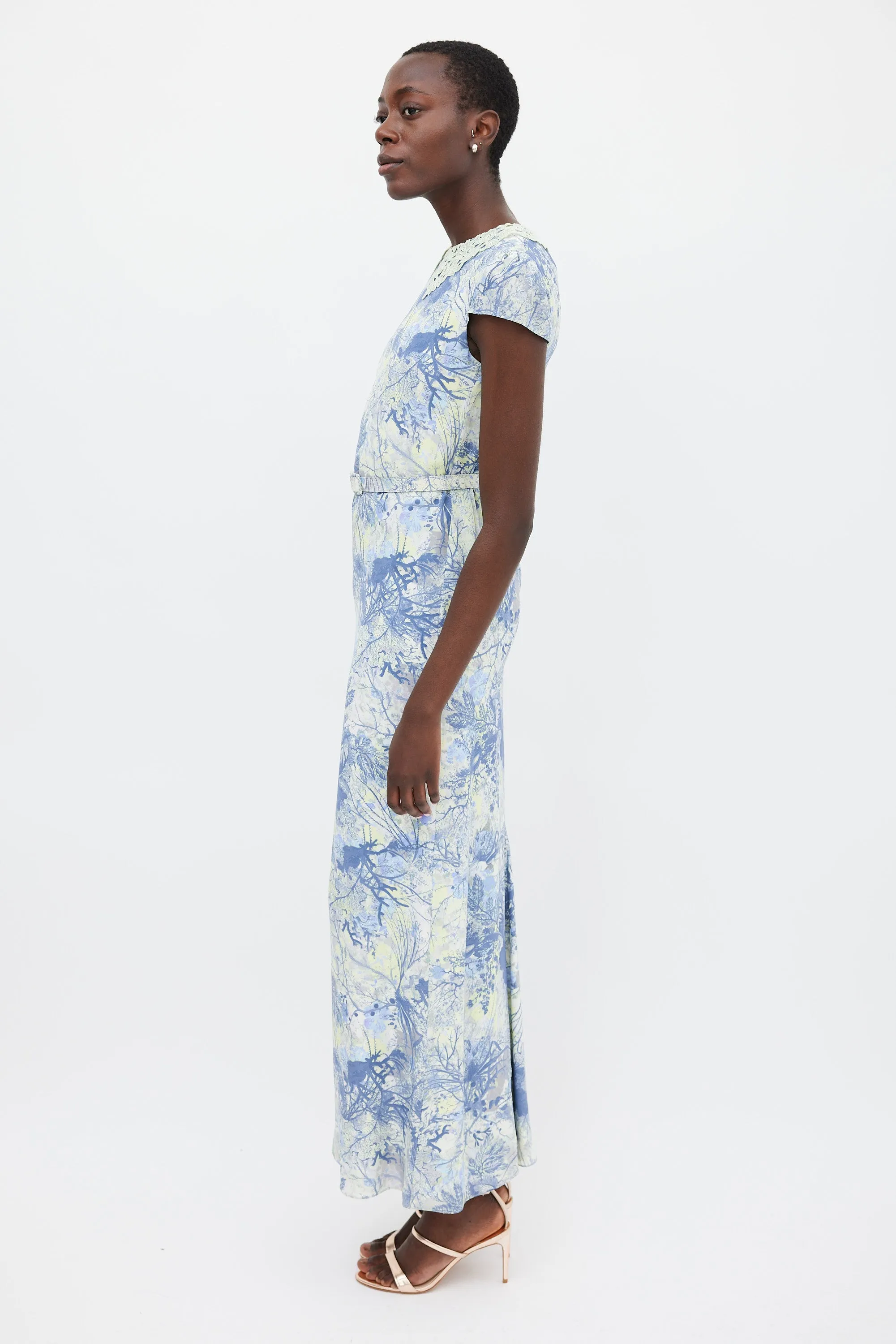 Blue & Green Silk Printed Belted Dress