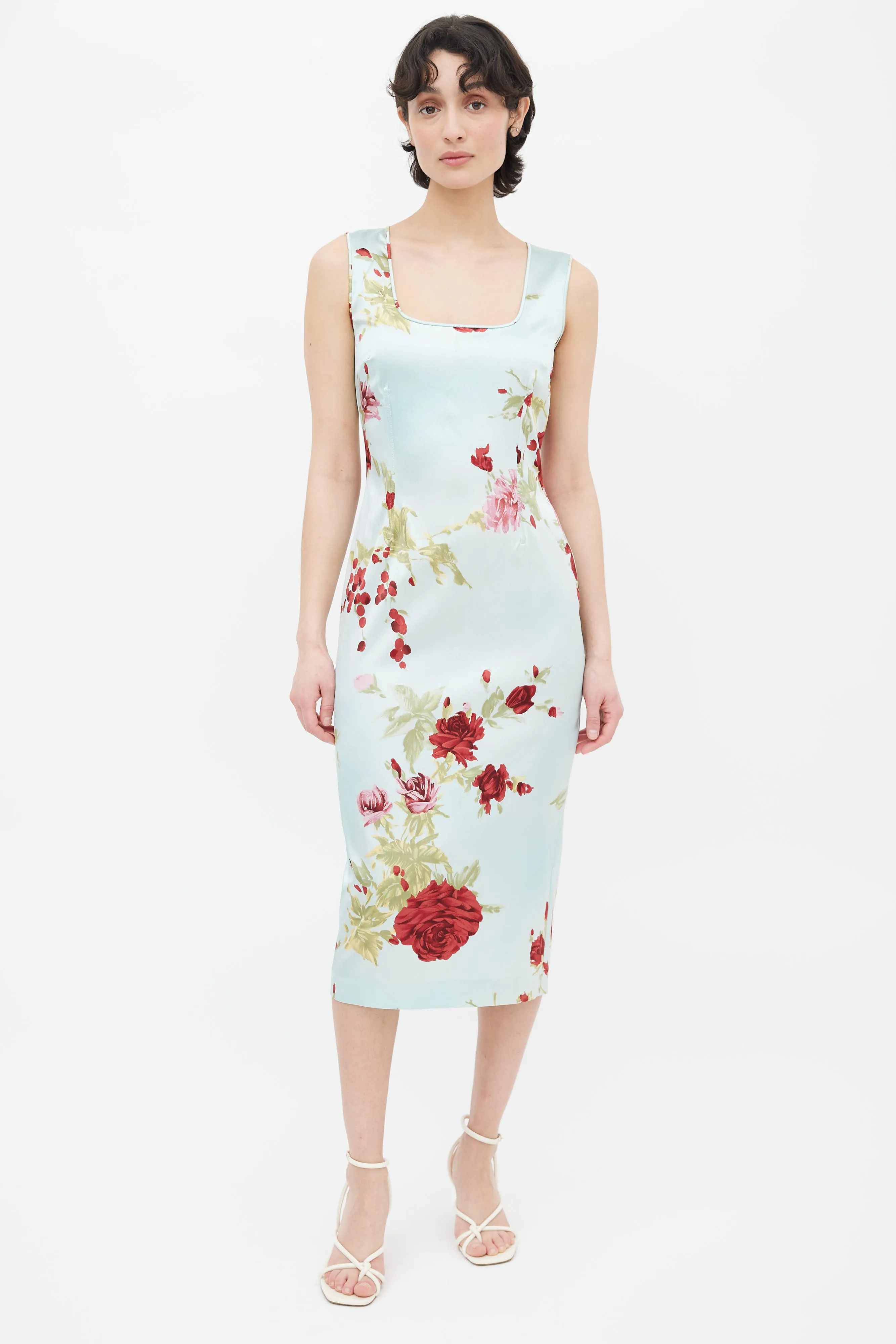 Blue Floral Sleeveless Silk Dress
