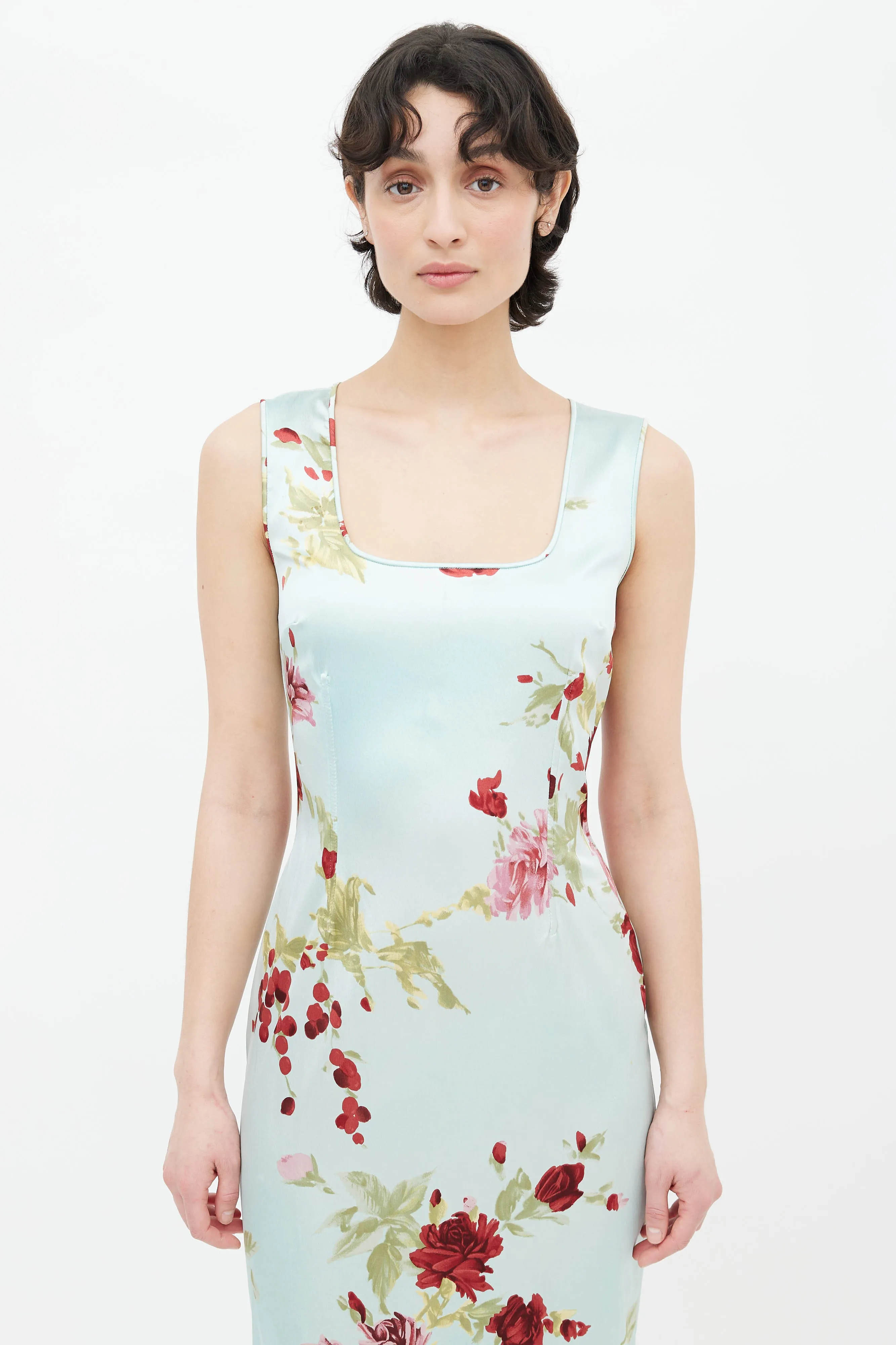 Blue Floral Sleeveless Silk Dress
