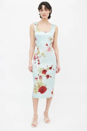 Blue Floral Sleeveless Silk Dress