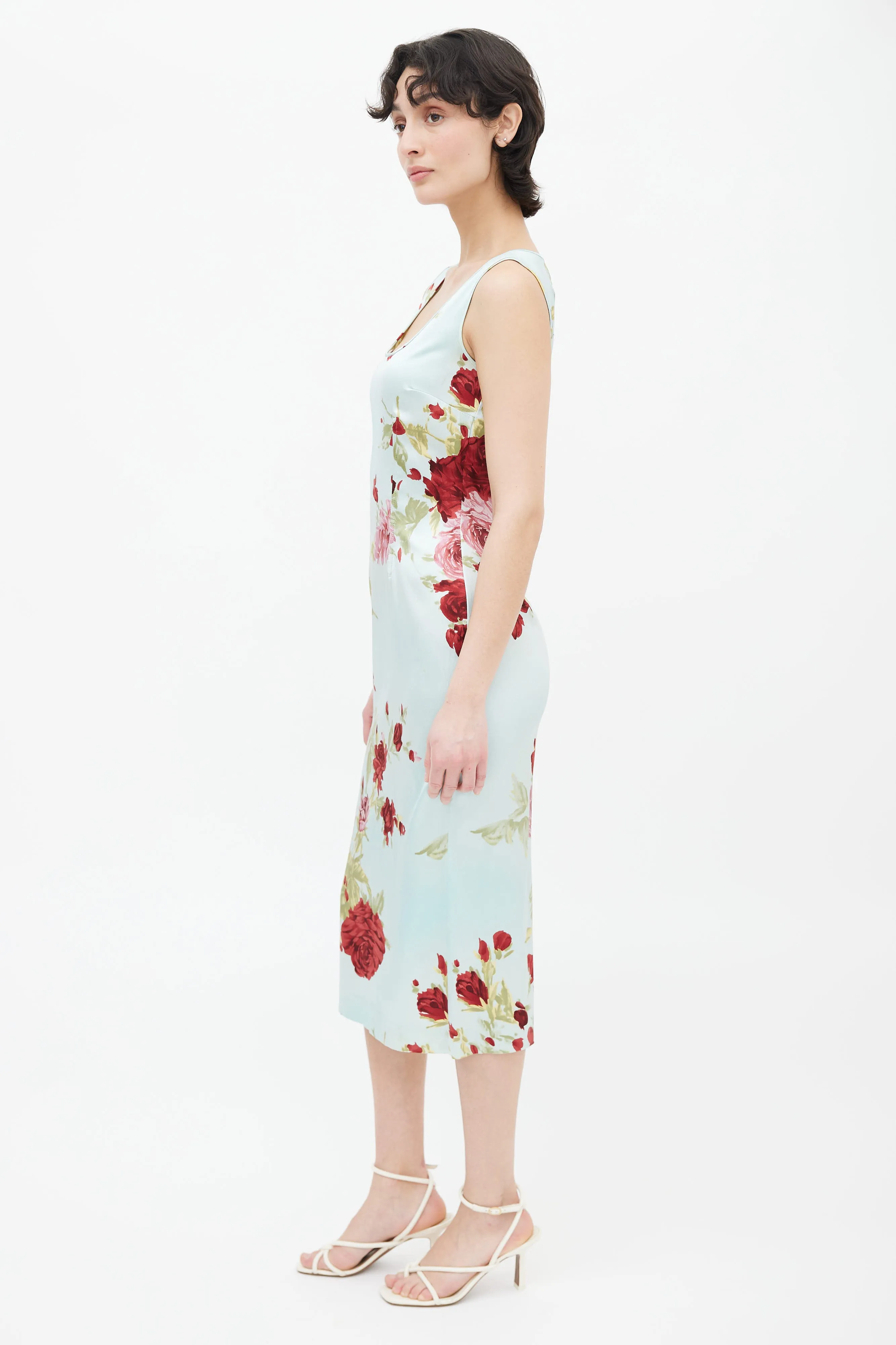 Blue Floral Sleeveless Silk Dress
