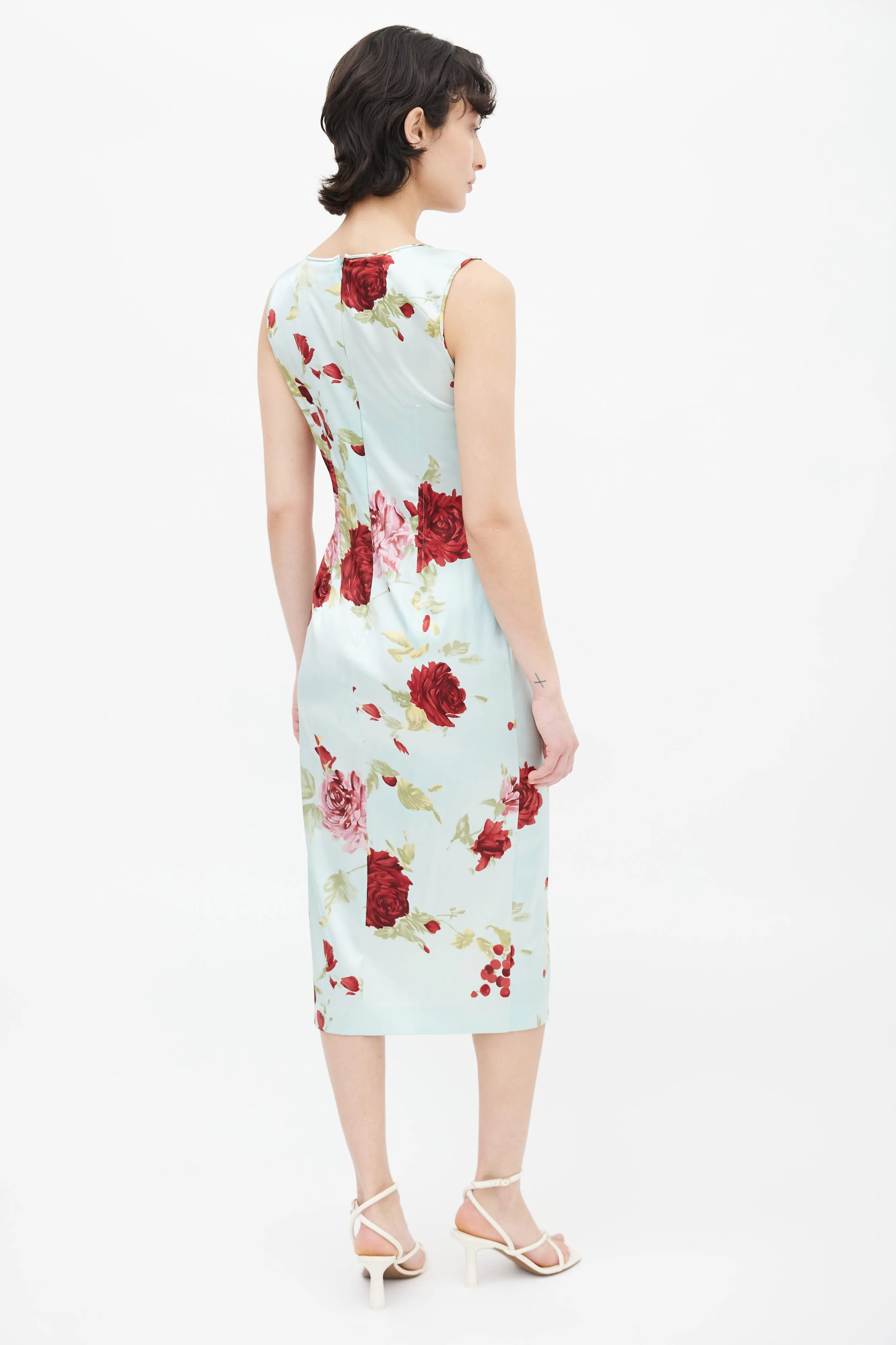Blue Floral Sleeveless Silk Dress
