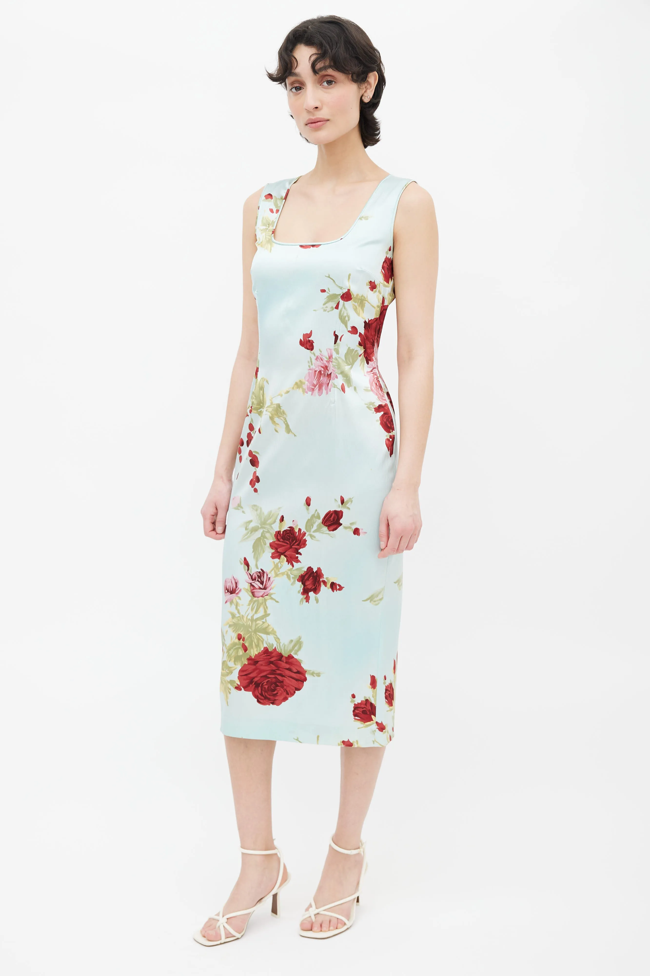 Blue Floral Sleeveless Silk Dress