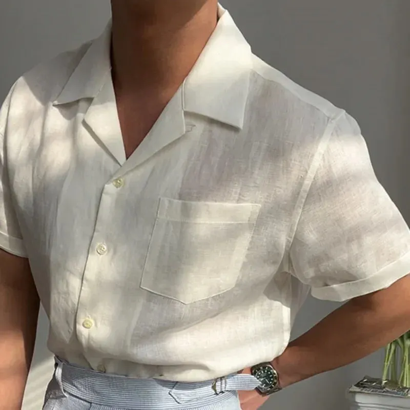 BONSIR  -  Summer Linen Cuban Collar Short-sleeved Shirt Beach Holiday Breathable Solid Color Shirt Retro Loose Top Ropa Hombre Casual