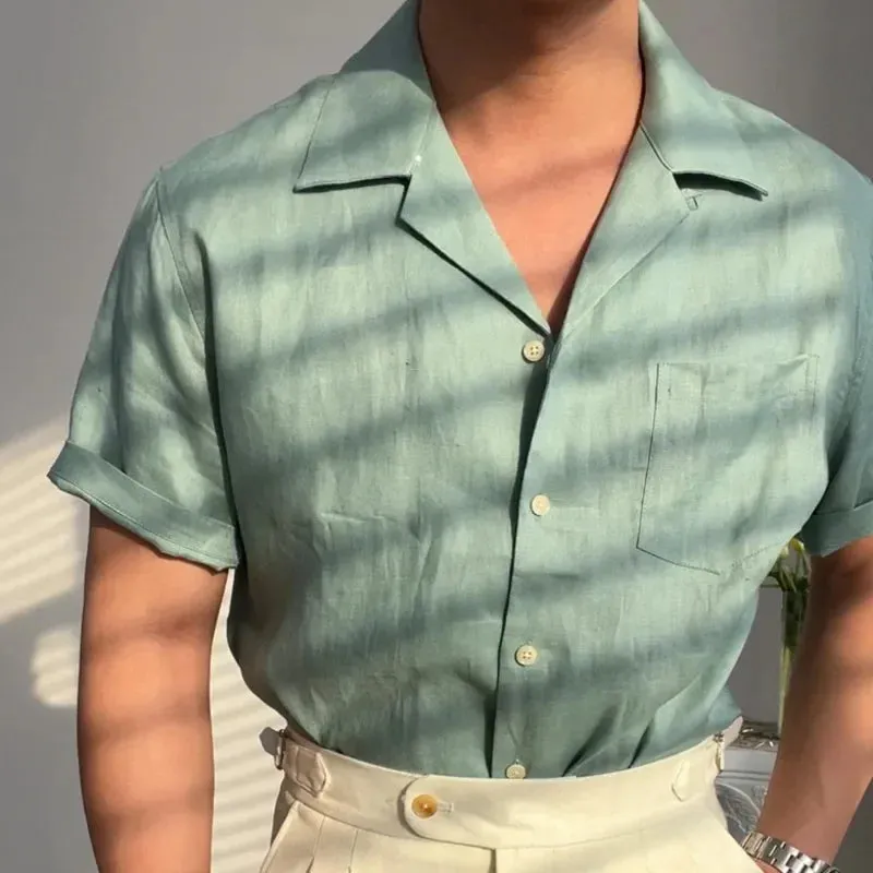 BONSIR  -  Summer Linen Cuban Collar Short-sleeved Shirt Beach Holiday Breathable Solid Color Shirt Retro Loose Top Ropa Hombre Casual