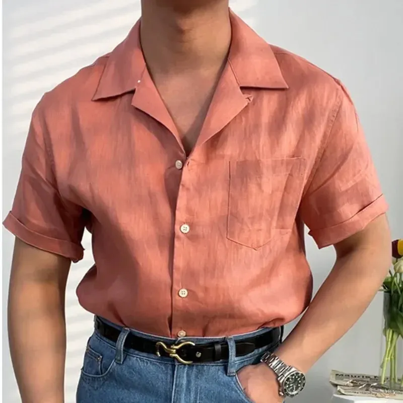 BONSIR  -  Summer Linen Cuban Collar Short-sleeved Shirt Beach Holiday Breathable Solid Color Shirt Retro Loose Top Ropa Hombre Casual