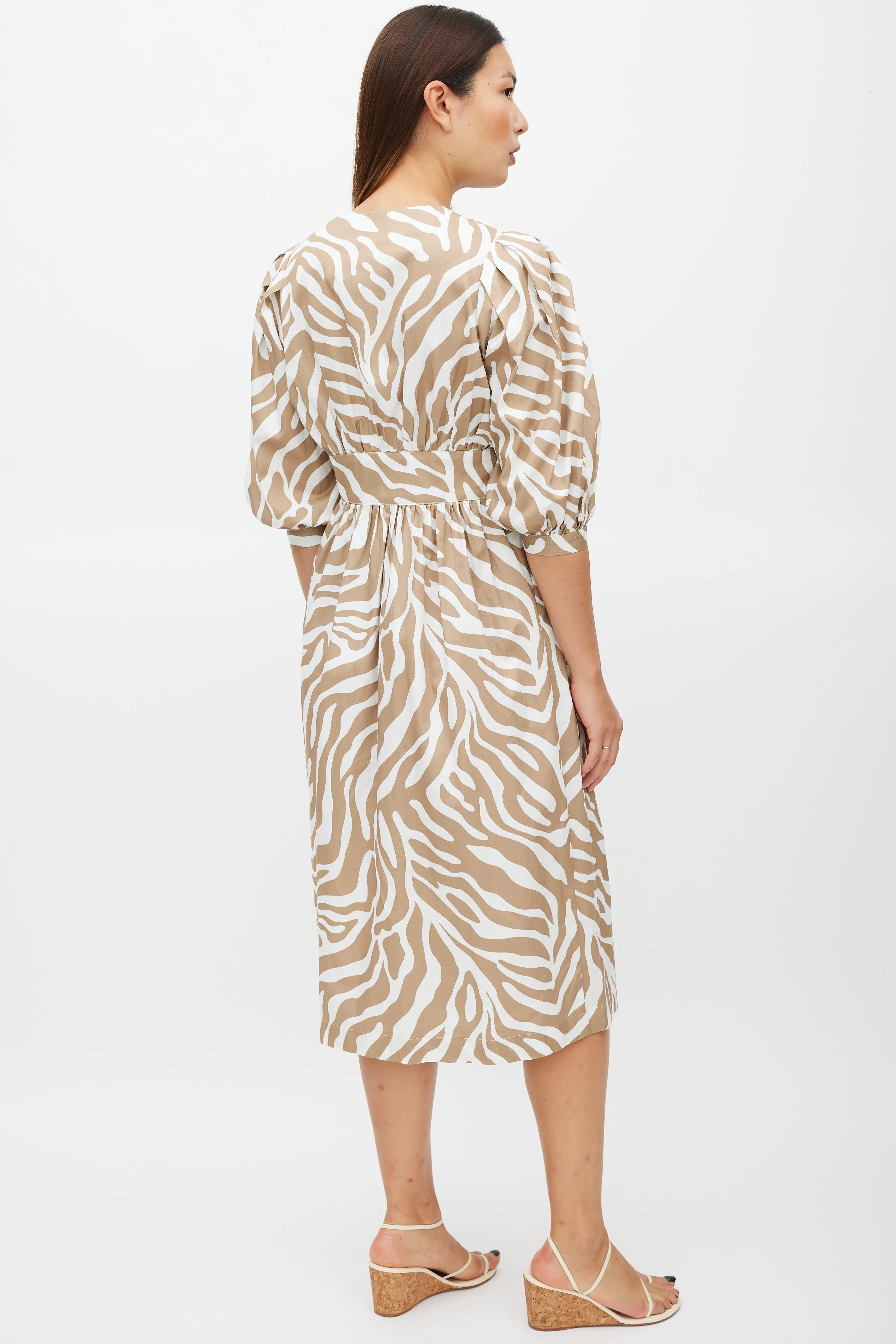 Brown & White Printed Button Up Dress
