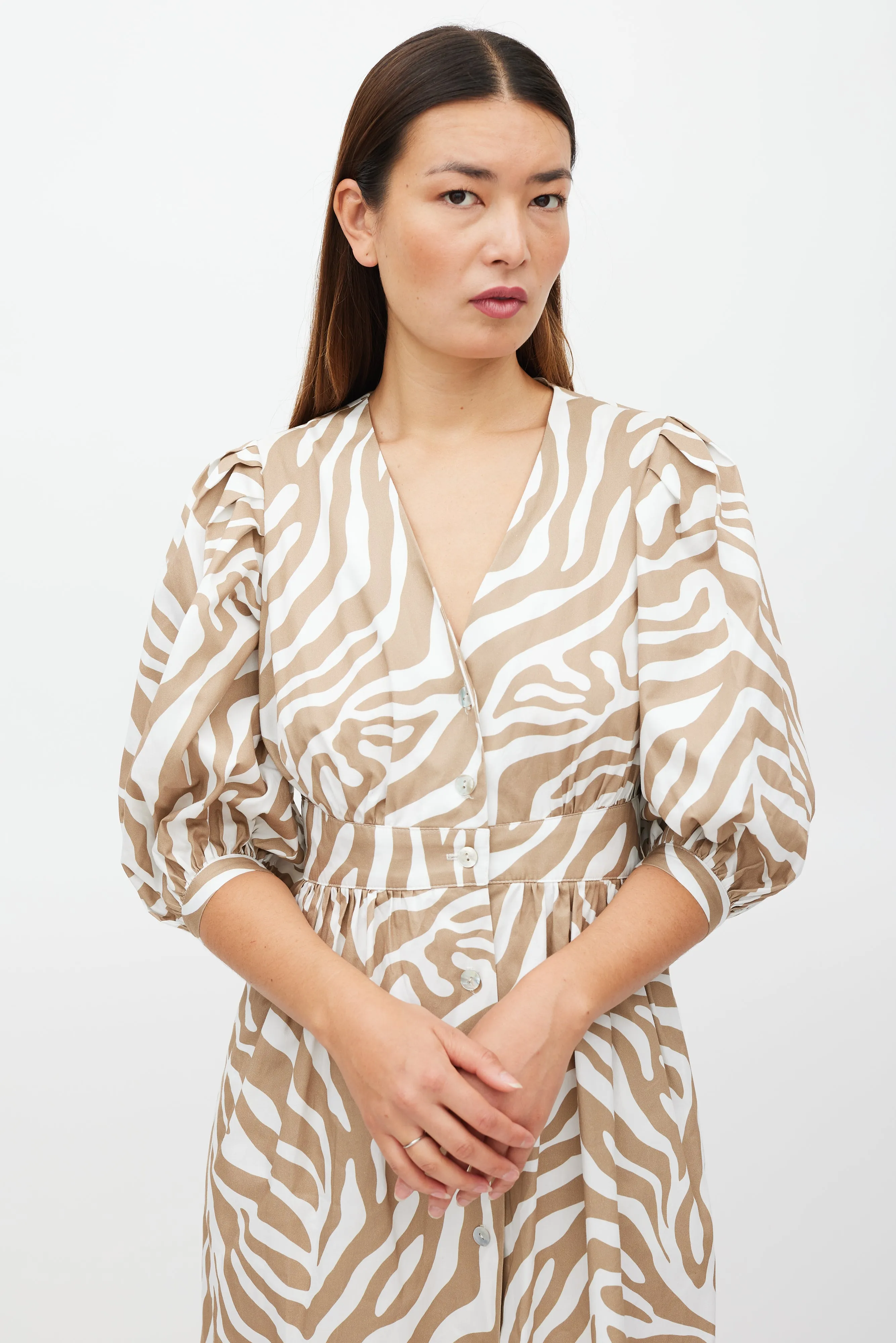 Brown & White Printed Button Up Dress
