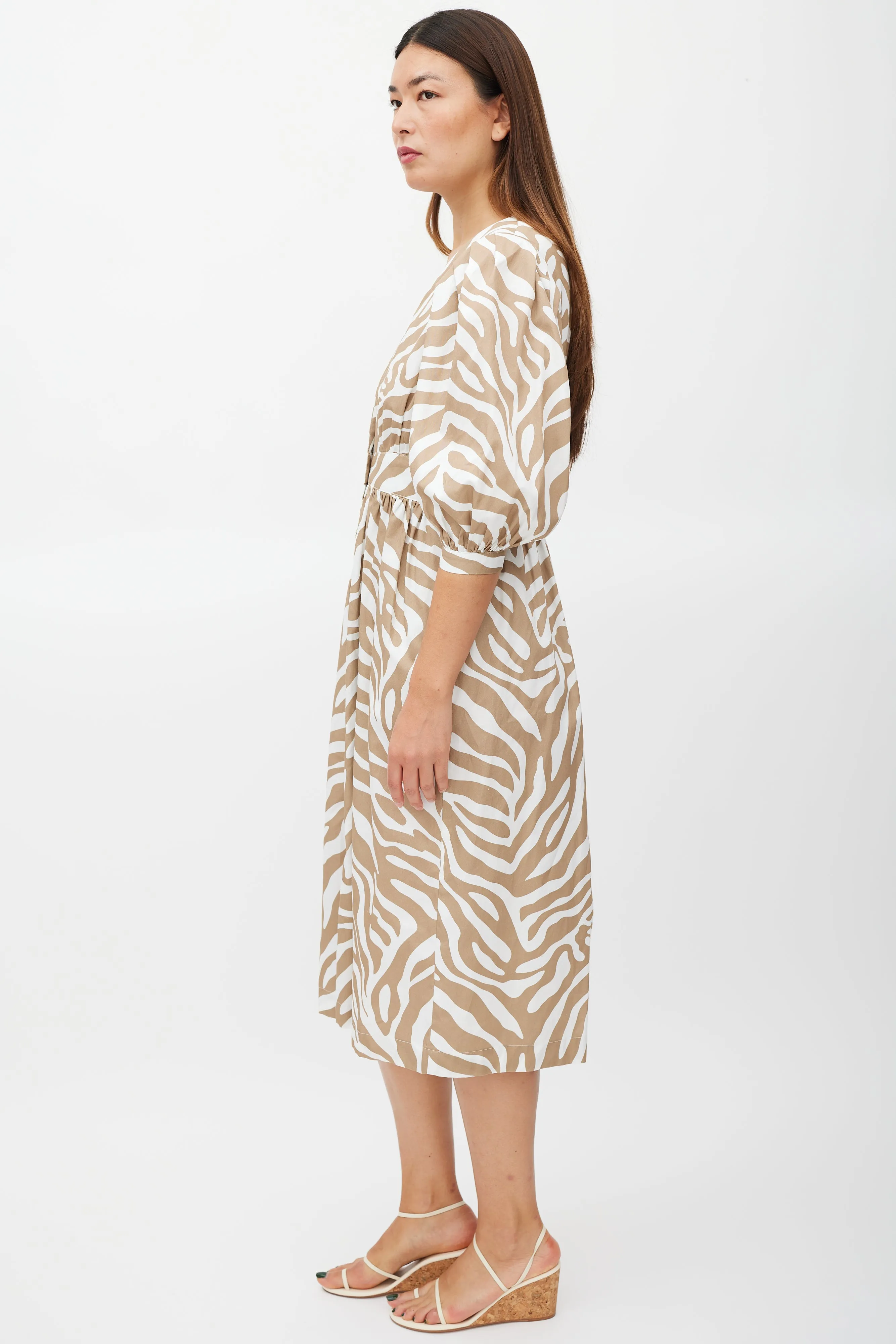 Brown & White Printed Button Up Dress