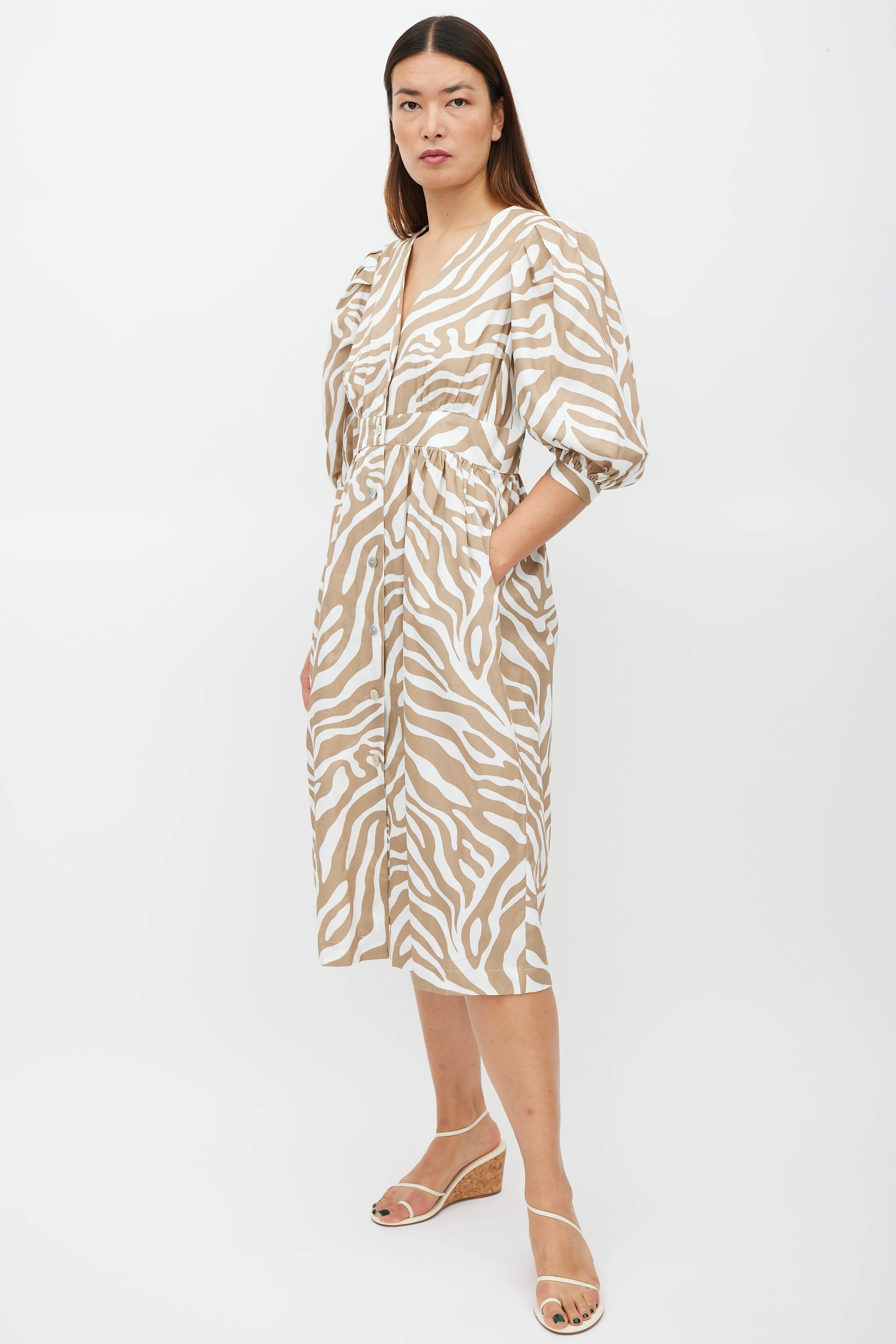 Brown & White Printed Button Up Dress