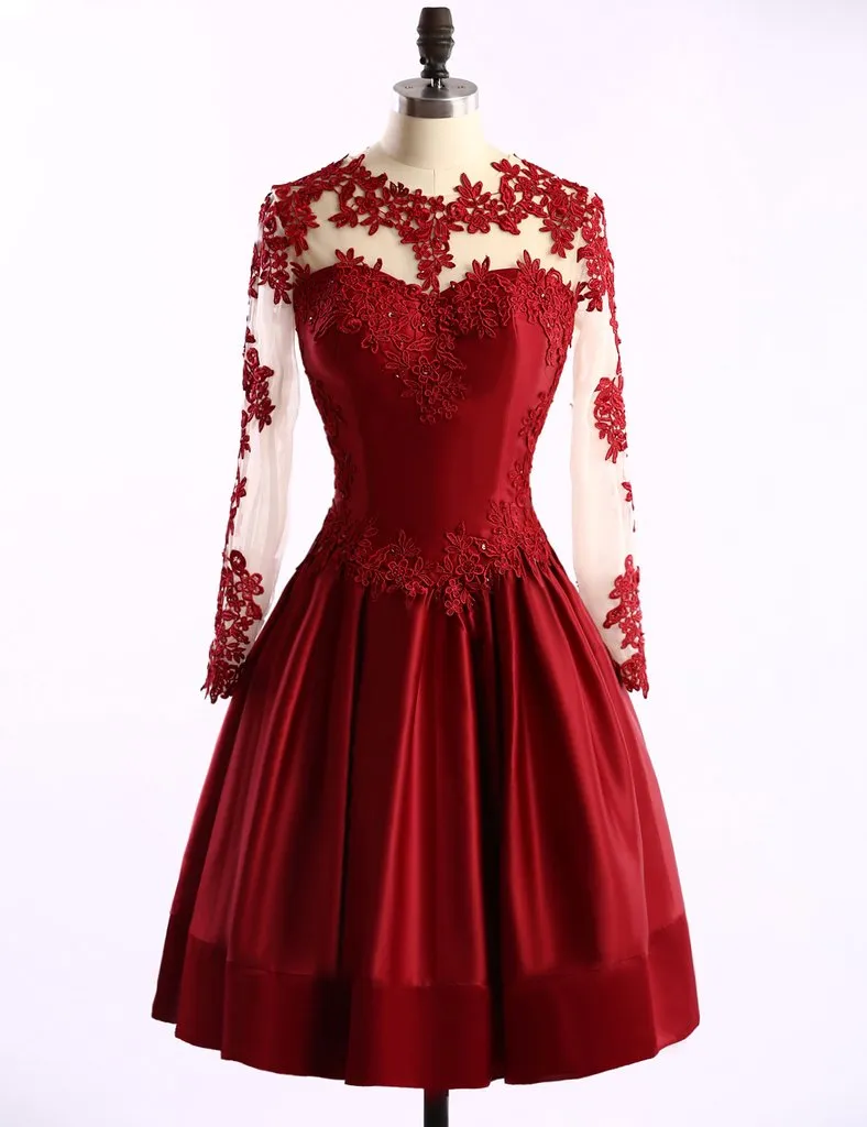 Burgundy Homecoming Dress With Sleeve Lace Homecoming Dress ER185