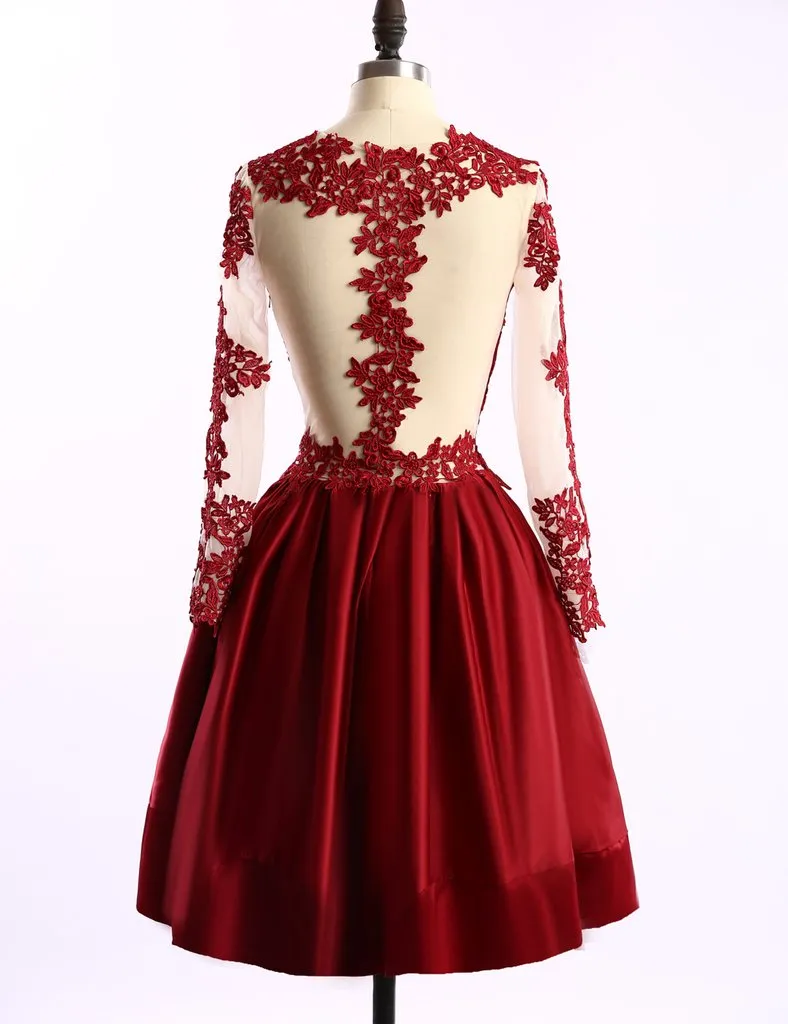 Burgundy Homecoming Dress With Sleeve Lace Homecoming Dress ER185
