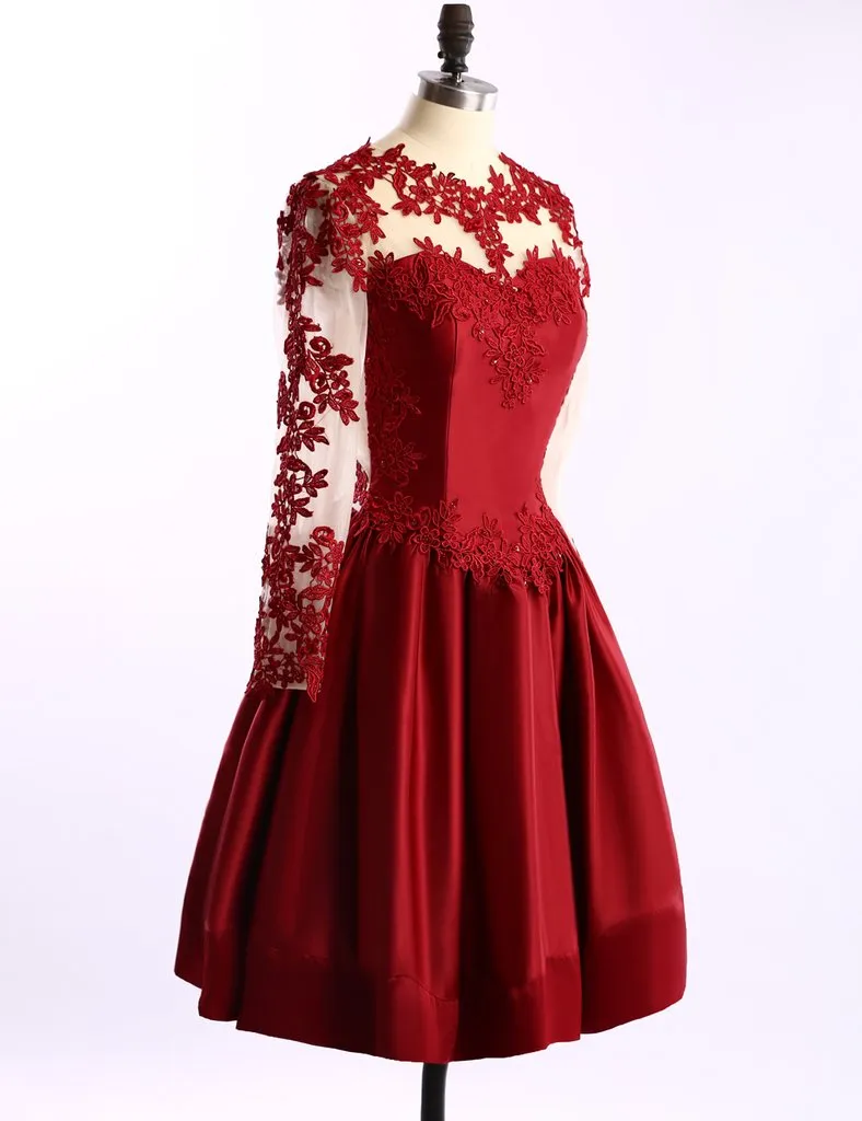 Burgundy Homecoming Dress With Sleeve Lace Homecoming Dress ER185