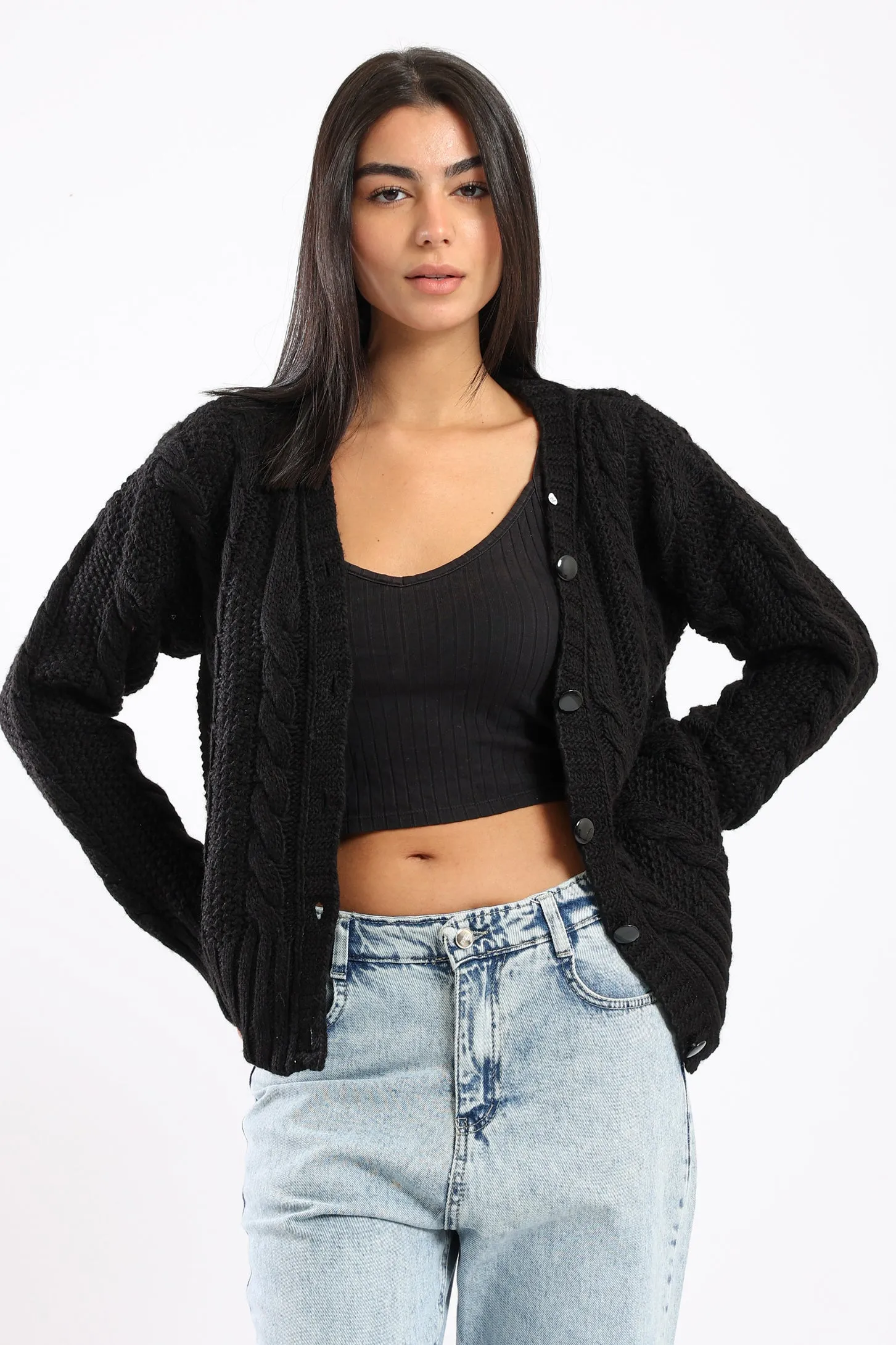 BUTTON UP KNIT CARDIGAN - BLACK