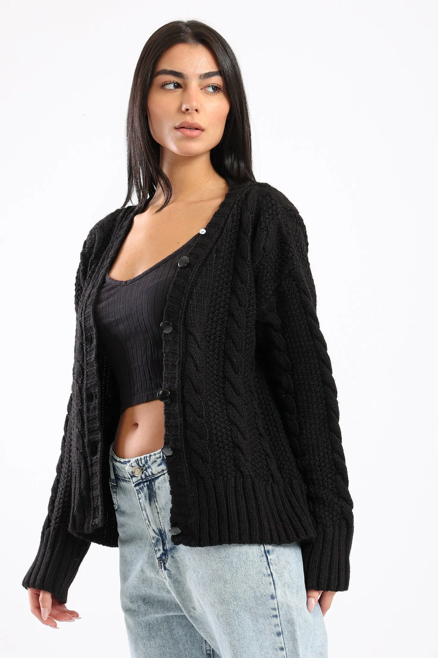 BUTTON UP KNIT CARDIGAN - BLACK
