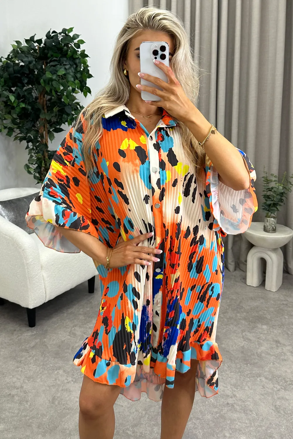 Camden Orange Multi Leopard Print Plisse Pleated Frill Hem Shirt Dress
