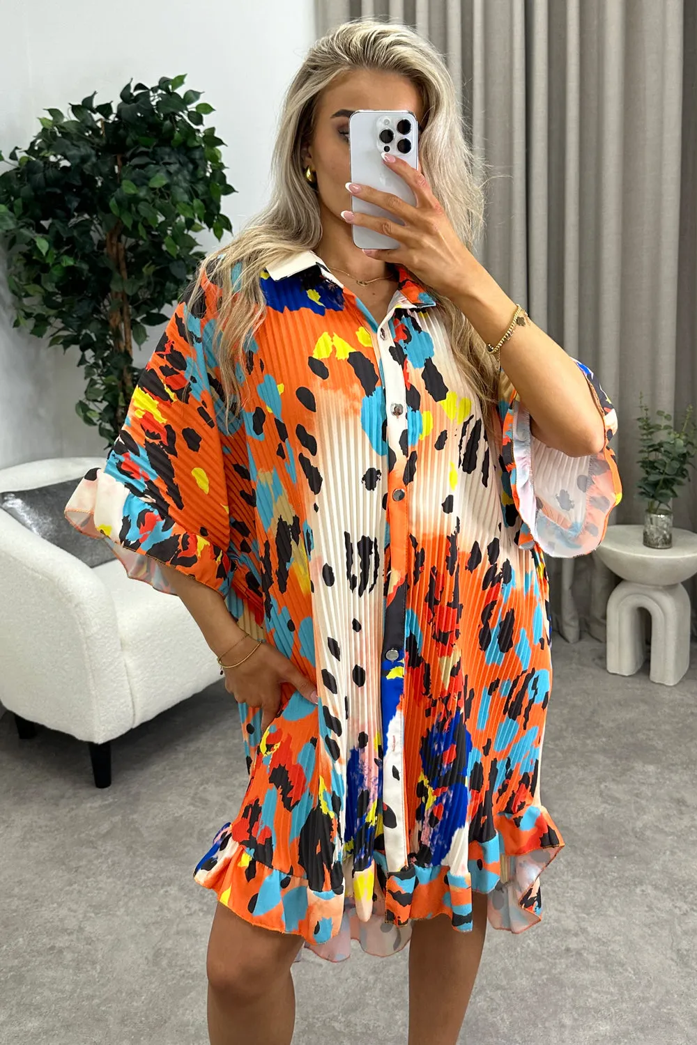 Camden Orange Multi Leopard Print Plisse Pleated Frill Hem Shirt Dress