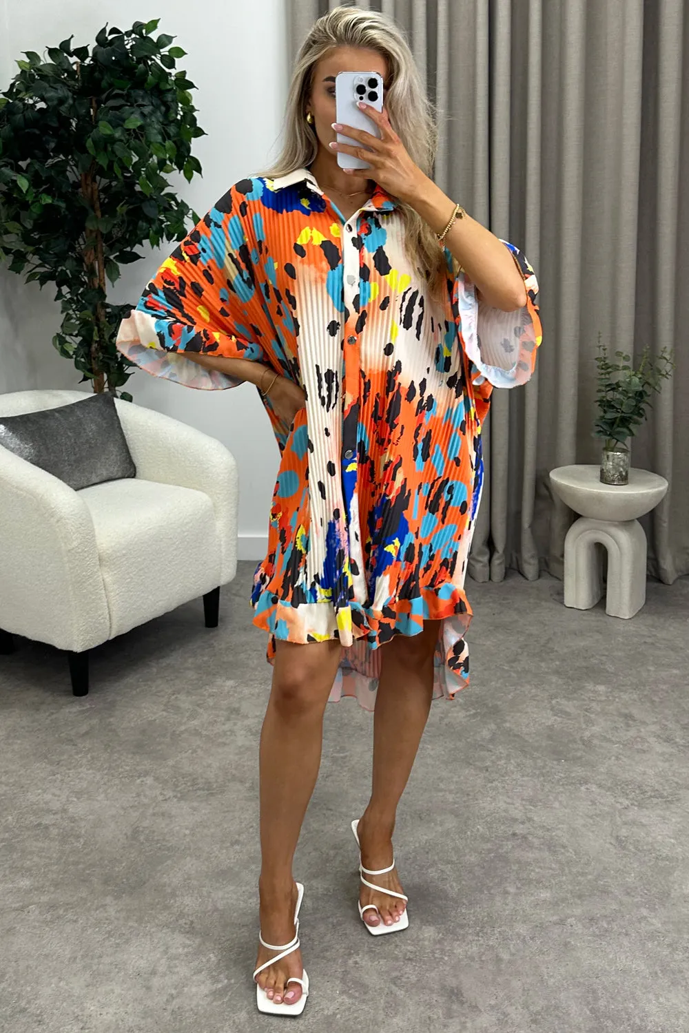 Camden Orange Multi Leopard Print Plisse Pleated Frill Hem Shirt Dress