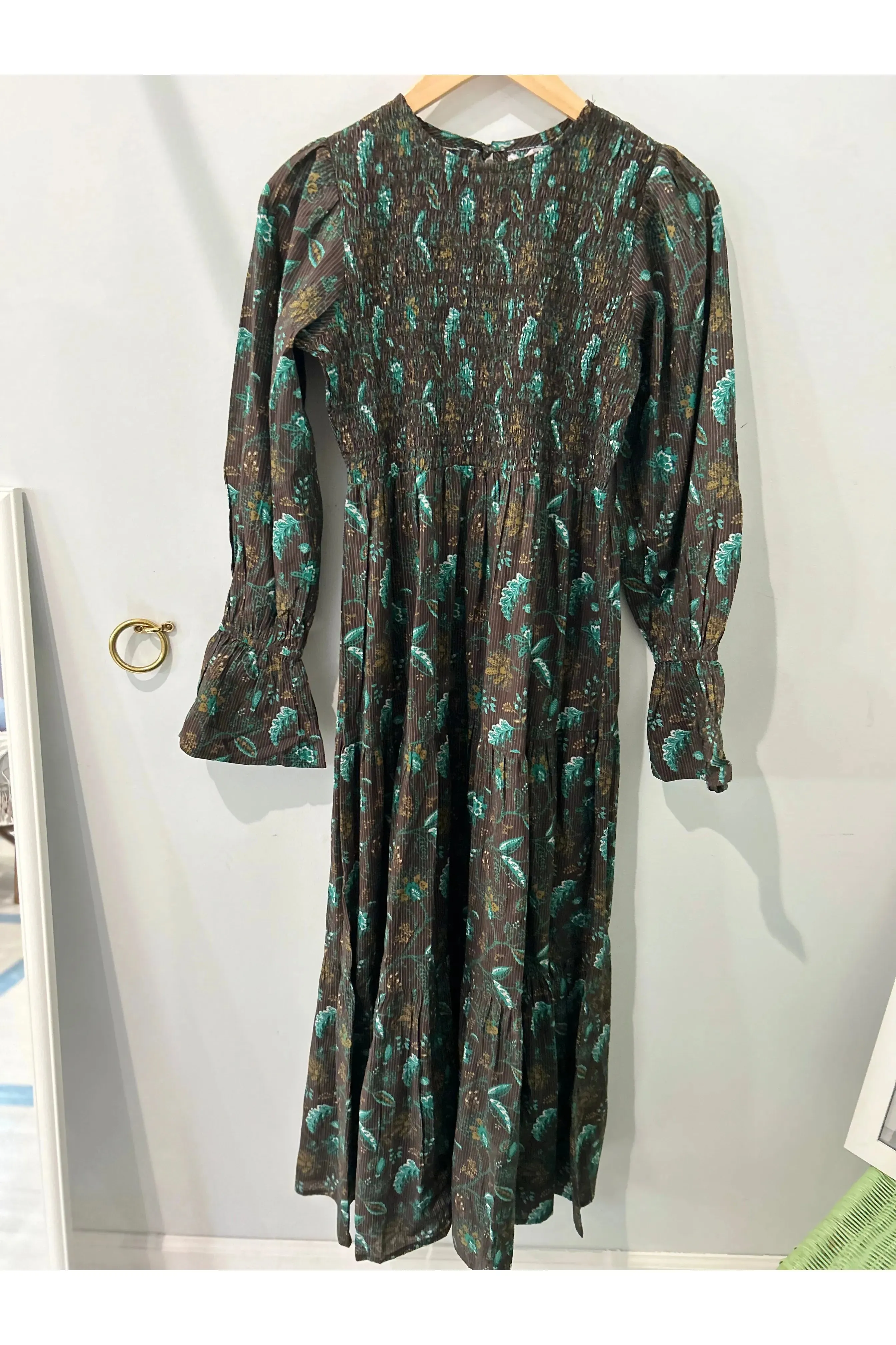 Chocolate Brown and Teal Smocked Long Sleeve Maxi Dress