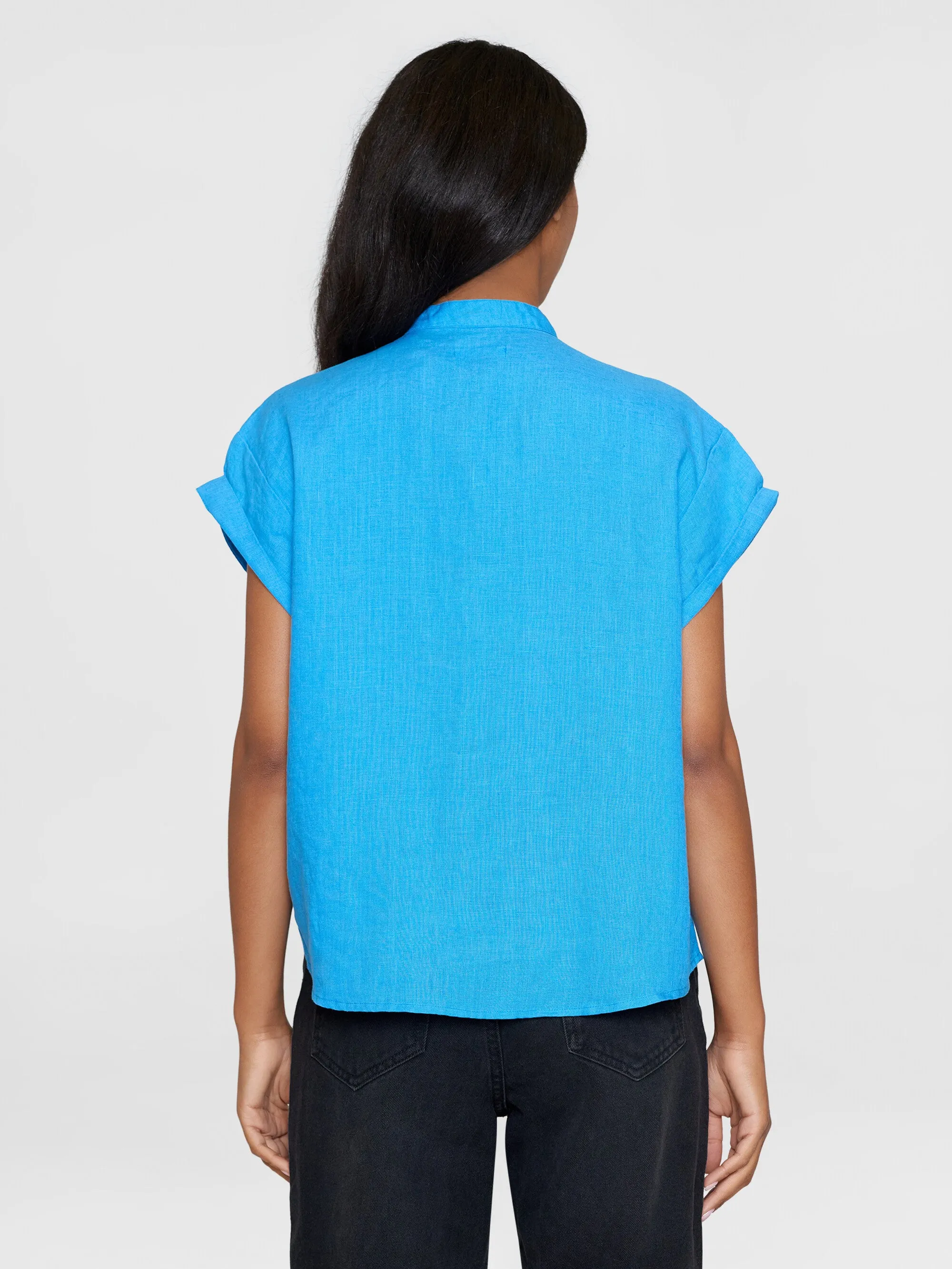 Collar stand short sleeve linen shirt - Malibu Blue