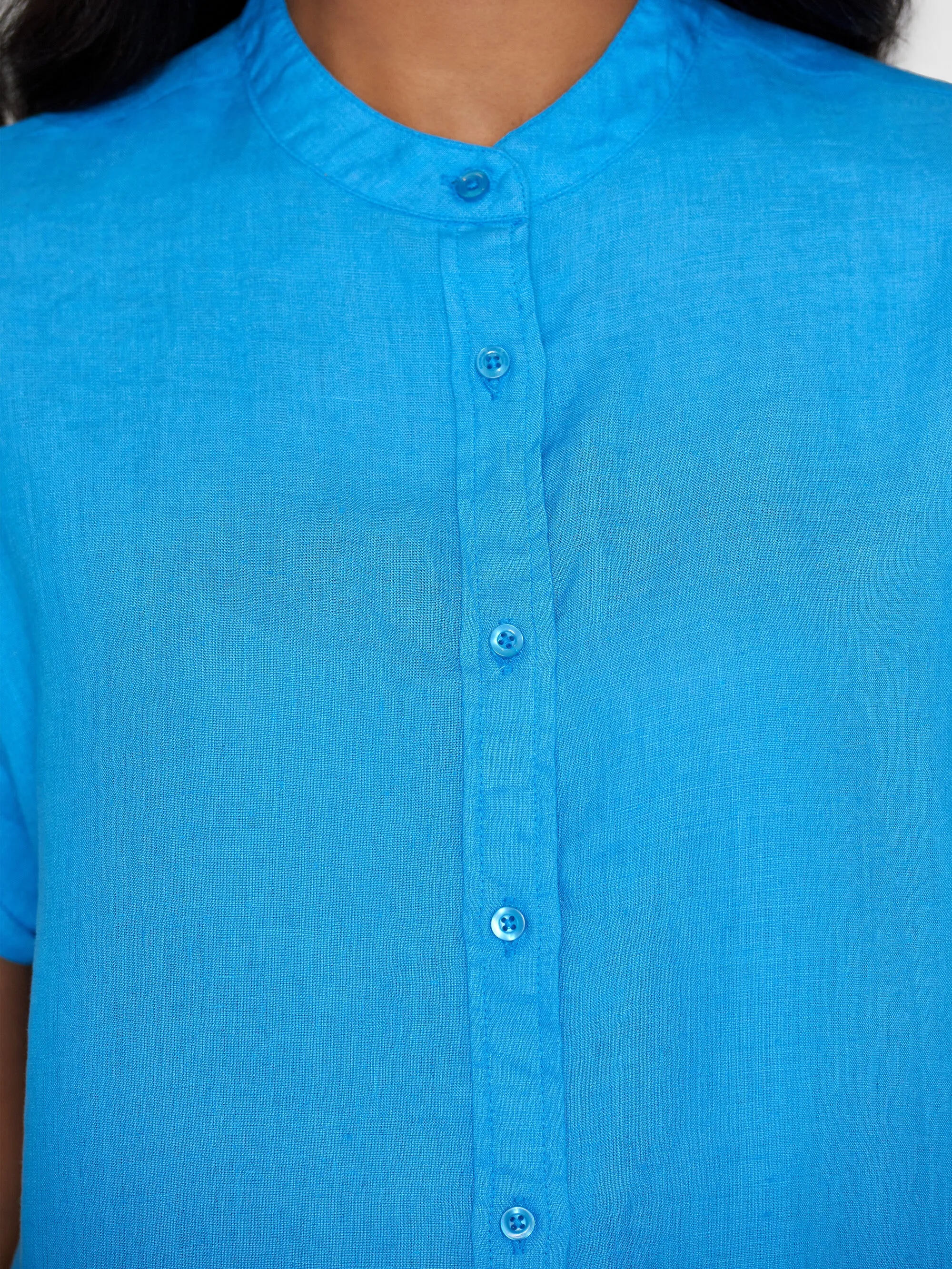 Collar stand short sleeve linen shirt - Malibu Blue