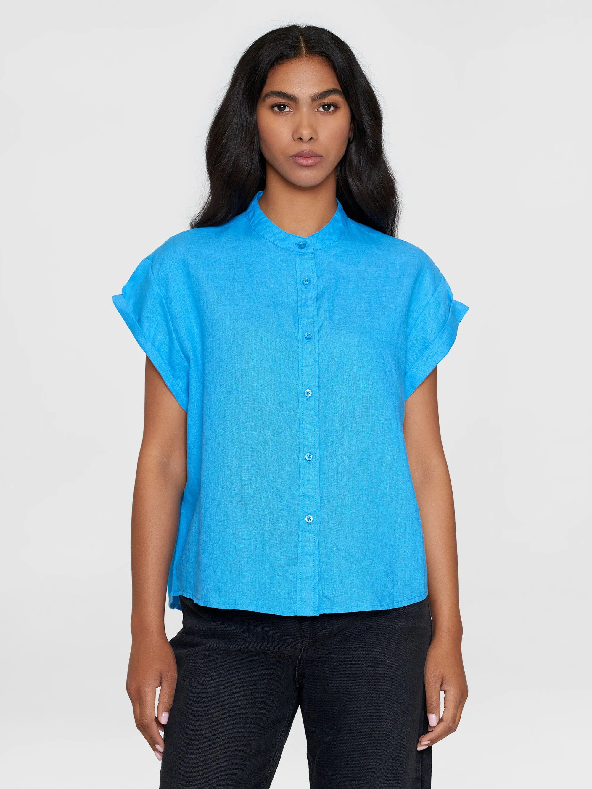 Collar stand short sleeve linen shirt - Malibu Blue