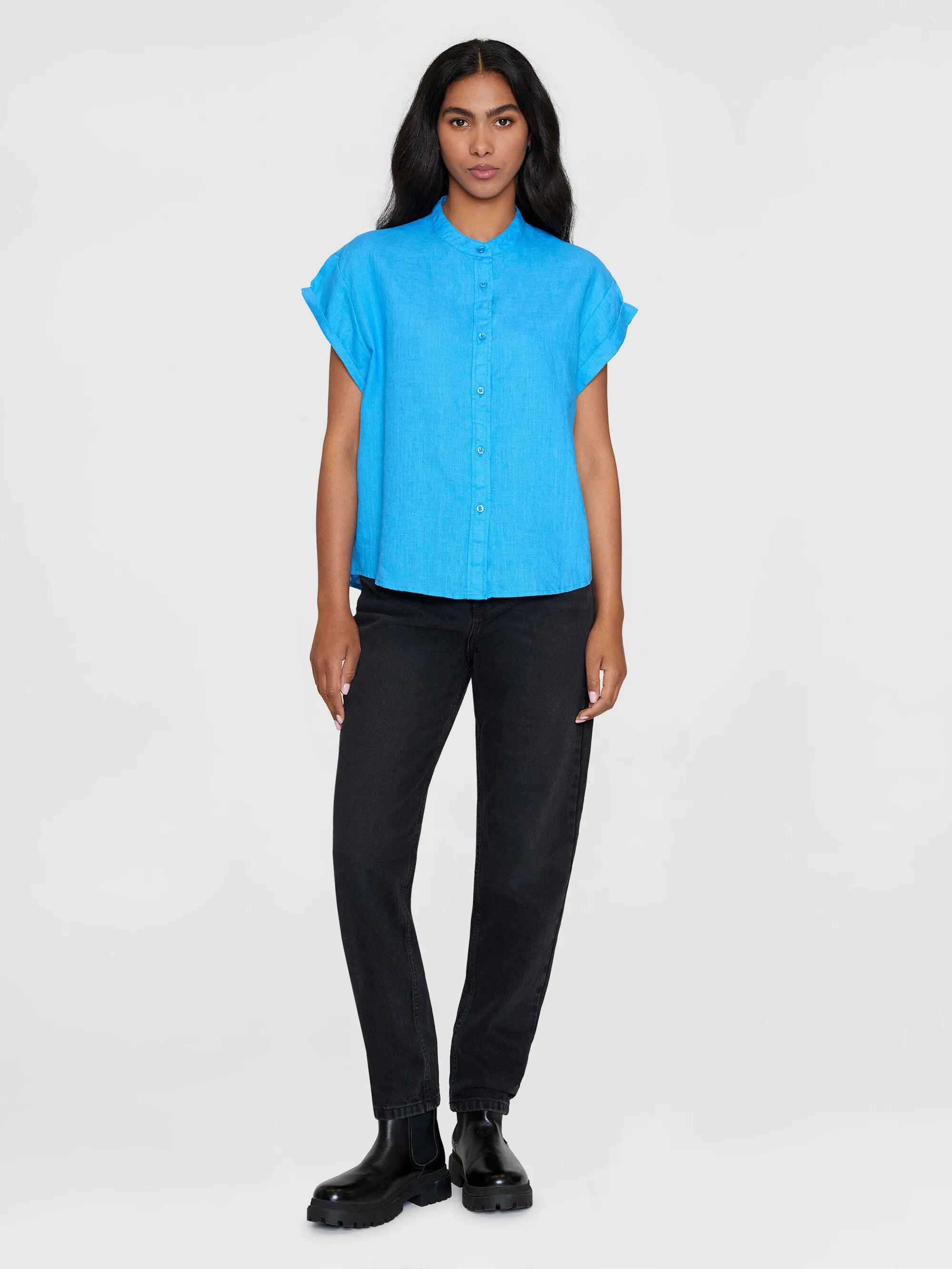 Collar stand short sleeve linen shirt - Malibu Blue