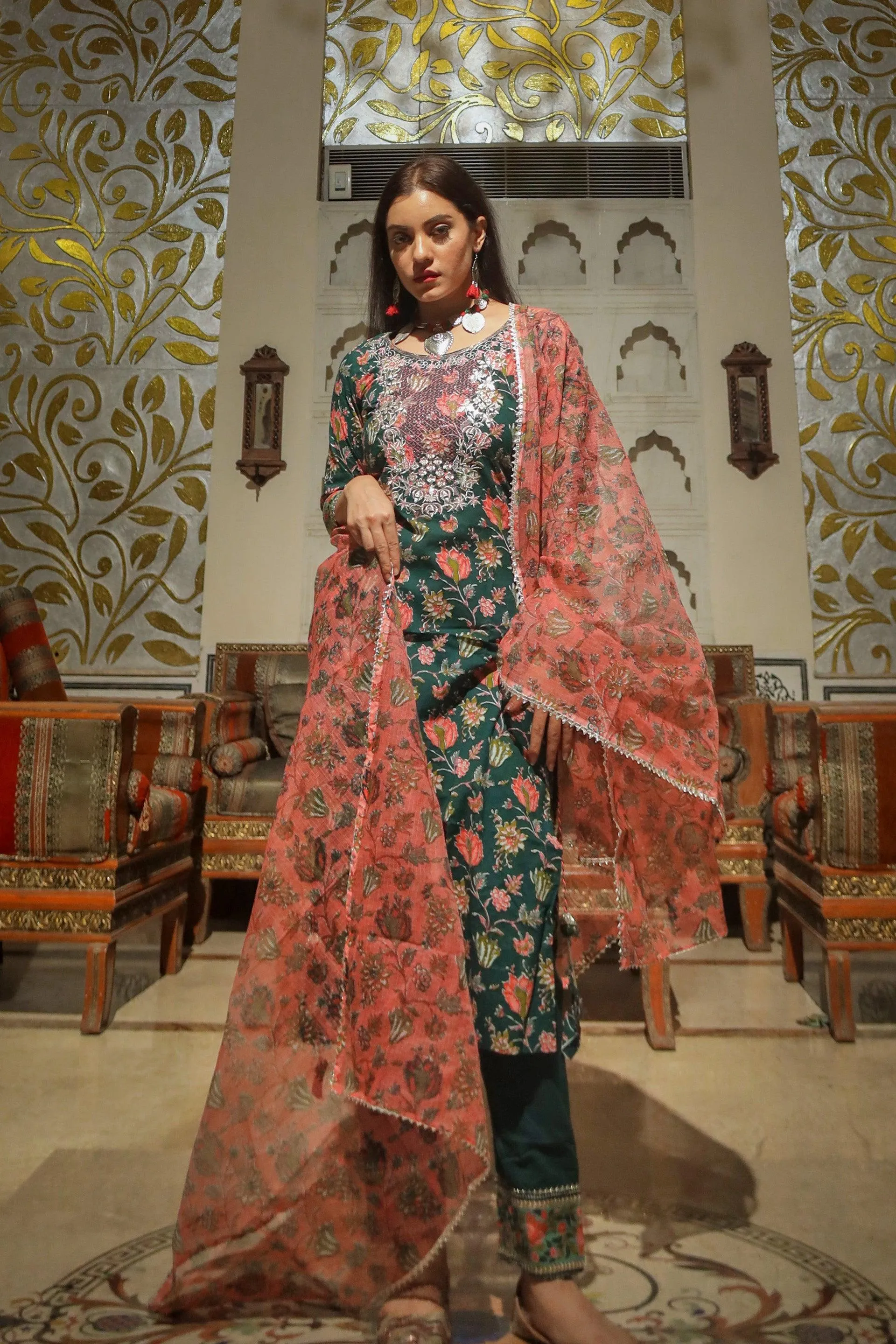Divena Green Floral Printed Kurta Pant Set with Dupatta