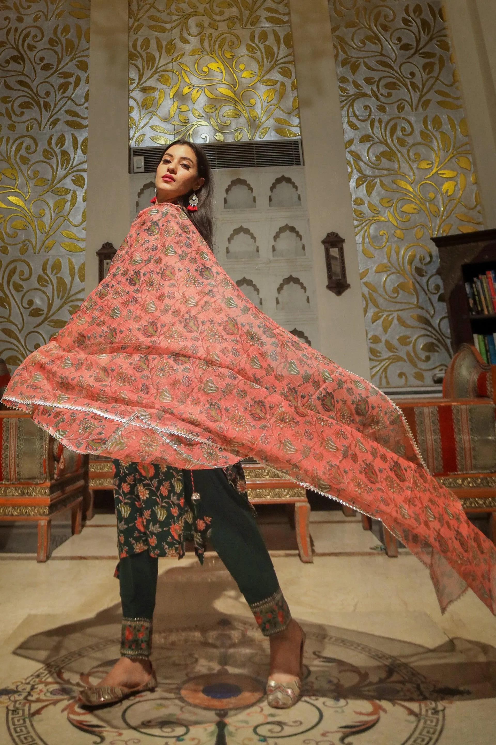 Divena Green Floral Printed Kurta Pant Set with Dupatta