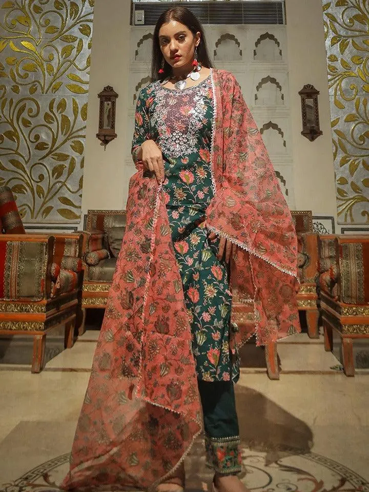 Divena Green Floral Printed Kurta Pant Set with Dupatta